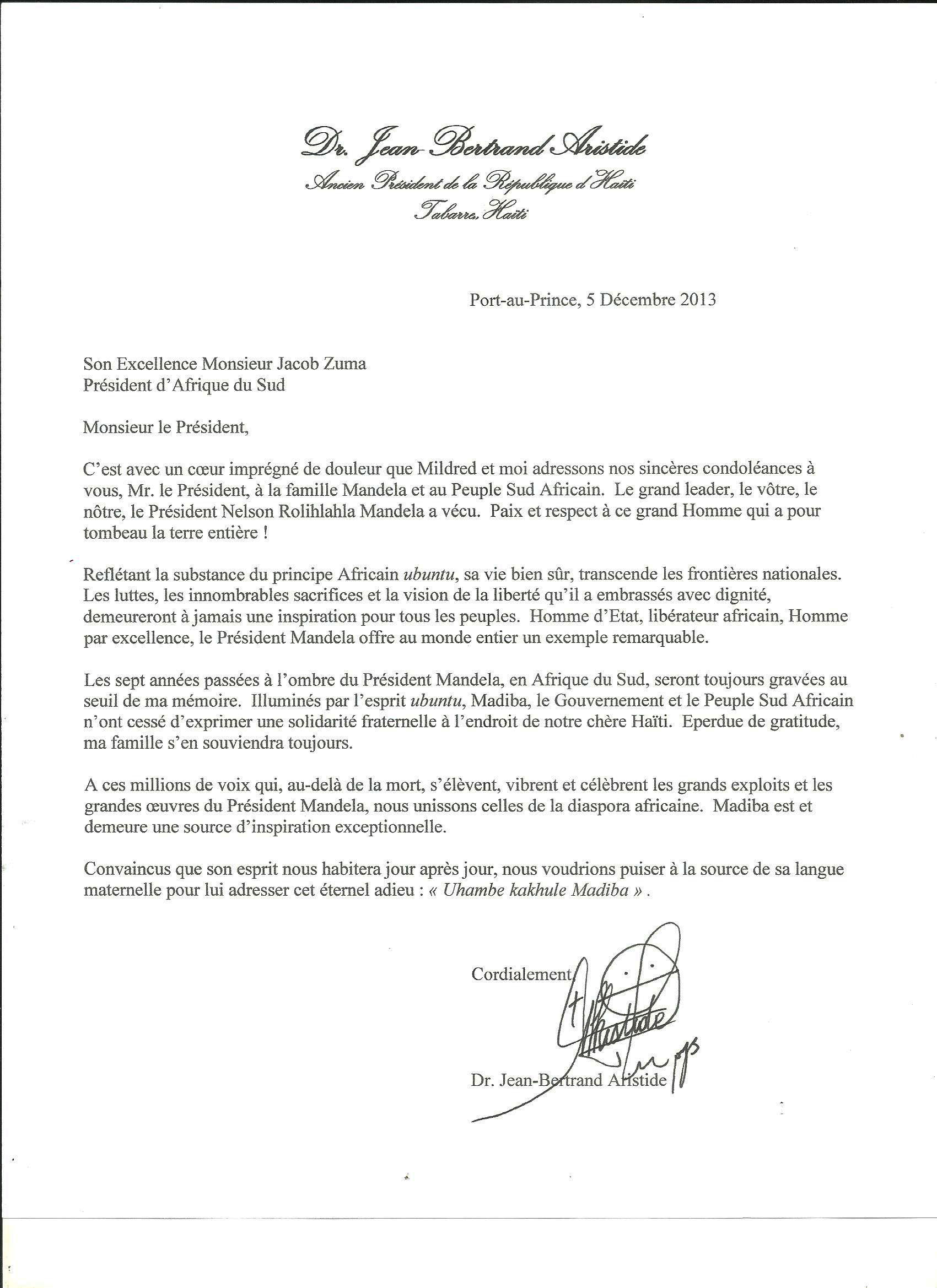 Mandela lettre d'Aristide au président Zuma